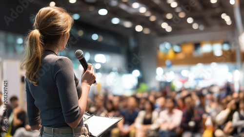 Woman holding microphone while presenting to large audience ,people, women speaking, men sitting on the chair with interest, people with booknote writing, man speaking with other,