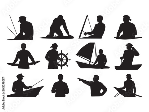 Tableau sur toile Collection of black silhouettes featuring sailors, boaters, and people interacti