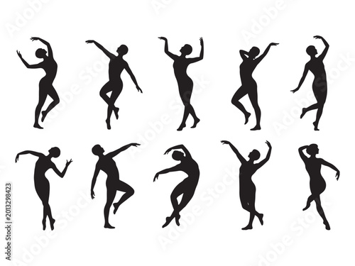 Cuadro en lienzo Collection of black silhouettes of graceful female ballet dancers in various art