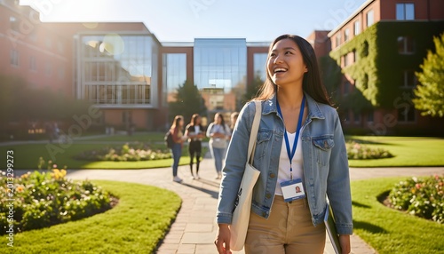 Smiling youth enjoying university visit during an open campus tour, happy student exploring higher education facilities for future career growth concept, sunny day