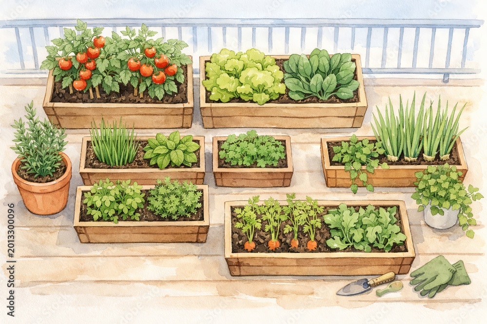 Naklejka premium Watercolor illustration of a balcony vegetable garden with wooden container boxes, tomato, carrot and herb plants. Top view of urban gardening hobby. Fresh organic food growth at home concept
