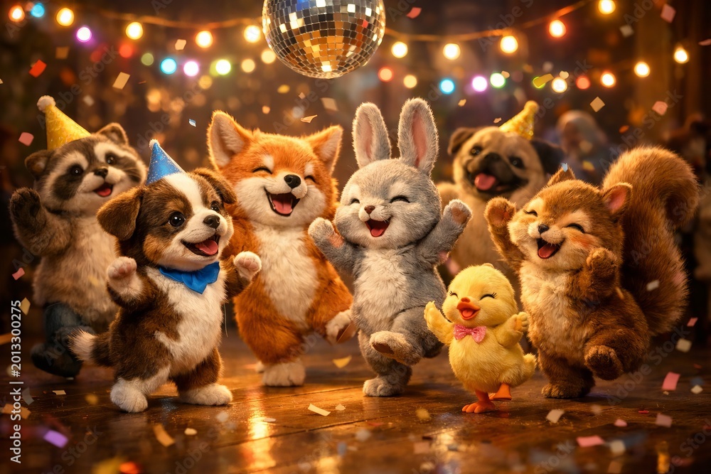 Obraz premium Animals dancing at party with disco ball and confetti. Happy wildlife friends celebrating together in festive atmosphere. Cute creatures having fun