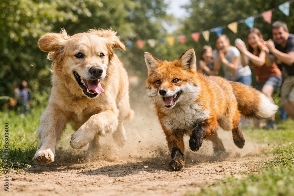 Obraz premium Golden retriever and fox running together on sunny field. Happy animals playing outdoors. Diverse group of people in background
