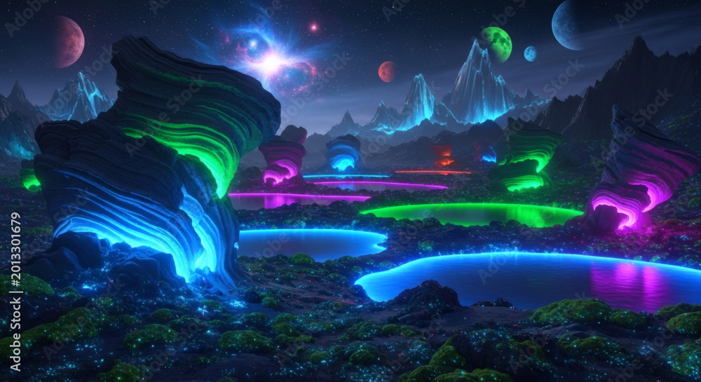 Fototapeta premium Vibrant neon-lit landscape with glowing blue, green, and pink lights, featuring unique rock formations and a futuristic atmosphere under a starry night sky with planets.