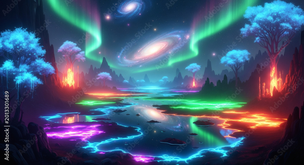 Fototapeta premium Vibrant digital illustration of a fantastical landscape with glowing neon lights reflecting on water, surrounded by trees and celestial elements at night.