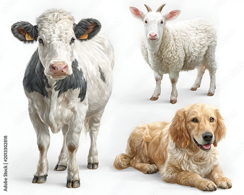 Fototapeta premium A digital painting of a cow, goat, and golden retriever are positioned together on a white background in an illustrative arrangement.