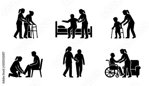 Elderly Care Icons Set: Assistance, Support, Mobility, and Daily Living Aids for Senior Health and Home Care Services
