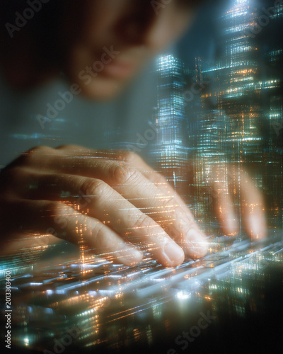 Digital Domain: A person delves into the digital realm, their hands dancing over a keyboard. The image portrays connectivity and the vast expanse of the online world. 