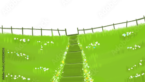 A vibrant green meadow with a narrow grassy path bordered by wildflowers and a low wooden fence, evoking peaceful springtime, countryside serenity, and whimsical pastoral charm.