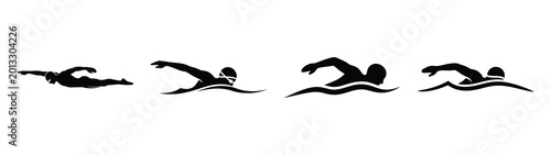 Obraz na plátne Collection of black summer freestyle swimmer silhouette simple vector icon set and summer icons concept