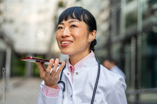 Foto Female doctor dictating voice message on smart phone outdoors