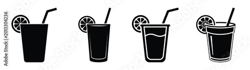 Foto Collection of black summer fresh lemonade cup silhouette simple vector icon set and summer icons concept