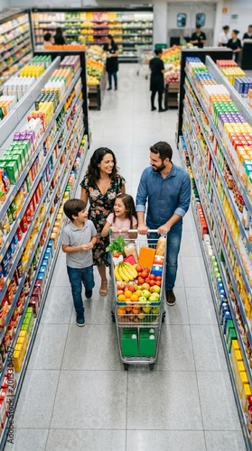 Família brasileira realizando compras mensais em supermercado moderno iluminado com carrinho cheio de alimentos variados e frescos