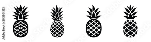 Collection of black summer pineapple pattern silhouette simple vector icon set and summer icons concept.