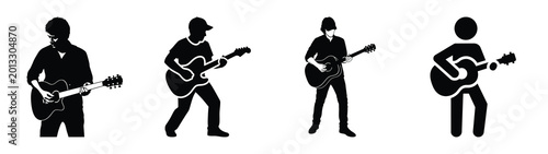 Collection of black summer playing guitar silhouette simple vector icon set and summer icons concept.