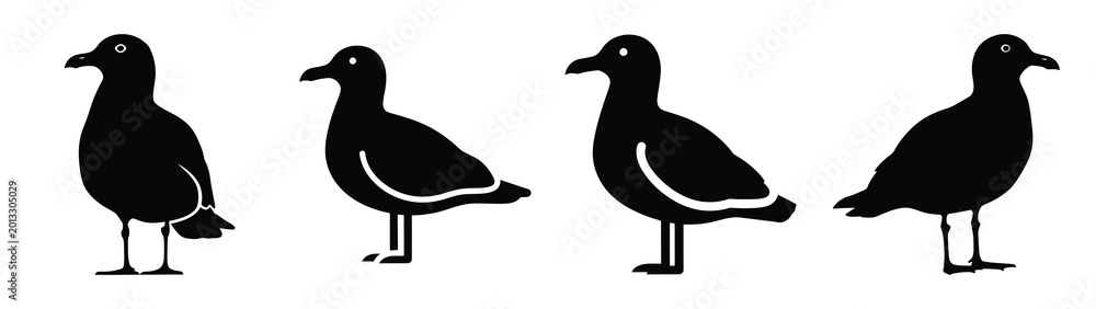 Fototapeta premium Collection of black summer seagull standing silhouette simple vector icon set and summer icons concept.
