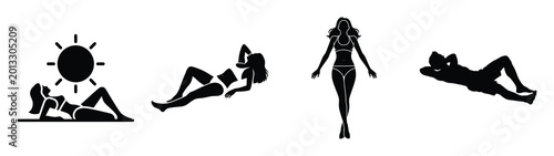 Schilderij op canvas Collection of black summer sun tanning woman silhouette simple vector icon set and summer icons concept