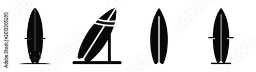 Billede på lærred Collection of black summer surfboard leaning silhouette simple vector icon set and summer icons concept