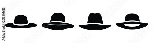Tableau sur toile Collection of black summer wide brim hat silhouette simple vector icon set and summer icons concept