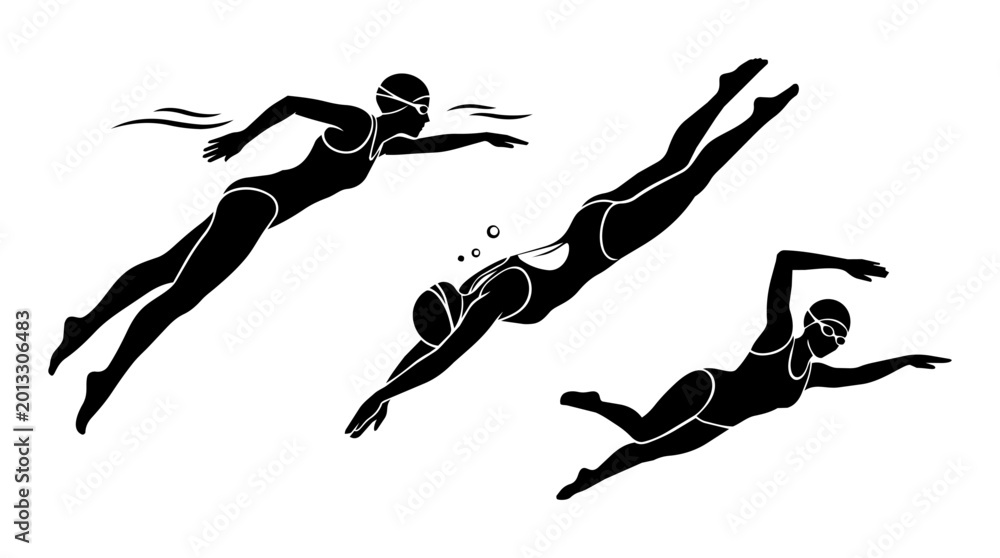 Fototapeta premium Swimmers swimming freestyle in water silhouette. Black silhouettes show strong motion and competitive mood.