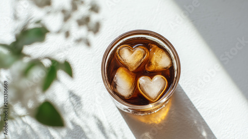 Heart shaped ice cubes in iced coffee with sunlight and leaf shadows