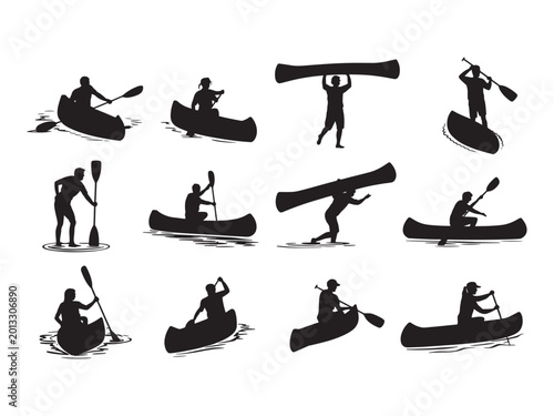 Photos Twelve black silhouettes of people canoeing and kayaking on water, showing vario