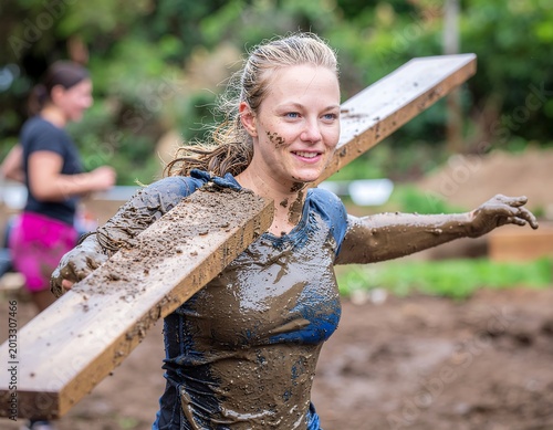 A determined woman carrying a heavy wooden log during a challenging outdoor mud run obstacle course.