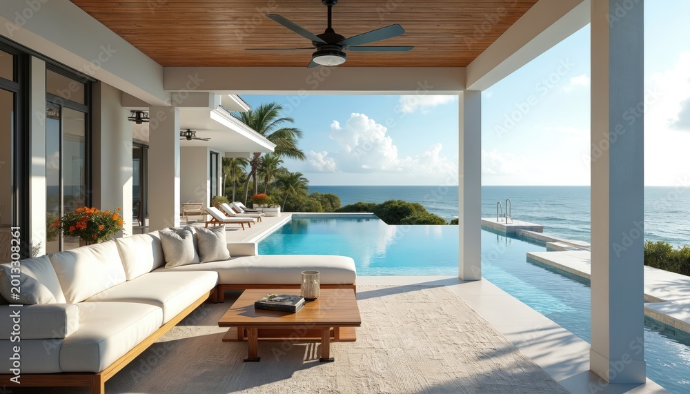 Obraz premium Modern house terrace with infinity pool and ocean view. White sofa, wooden coffee table, chairs, lounge beds under palm trees. Luxury resort.