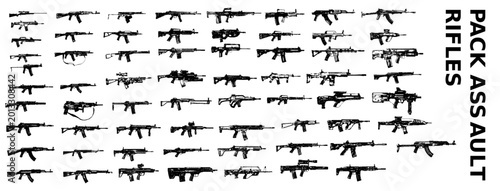 Fotografie Set of modern hunting rifles and sniper rifles collection with scopes and crosshair target symbol