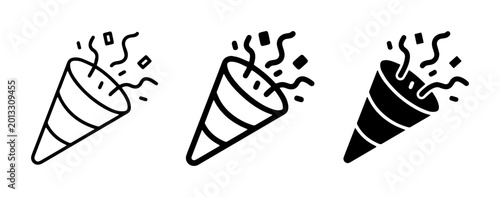 Confetti Popper Icons, Party Poppers, Celebration Symbols, Festive Event Graphics, Vector Set