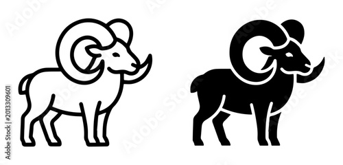 Ram Icon Vector Set, Aries Zodiac Symbol, Outline and Silhouette Graphics for Astrology and Animal Themes
