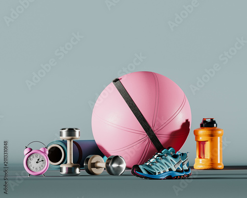 Gym accessory on gray background with copy space. Workout concept design. 3D Rendering, 3D Illustration