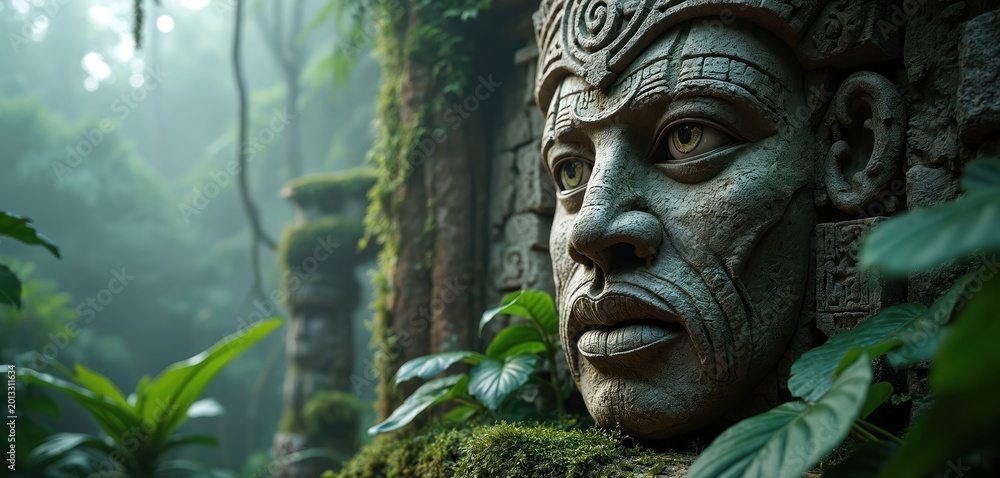 Fototapeta premium Ancient Mayan stone god face carving overgrown with moss and vines in misty jungle. Old ruin stone sculpture detail. Mysterious jungle heritage exploration.