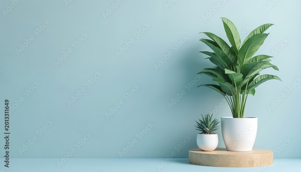Obraz premium Two green houseplants in white pots on wood stand. Minimalist interior design, clean white wall, light blue background. Natural home decor, empty copy space.