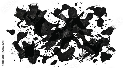 Bilde på lerret Abstract black ink splatter composition on white background.