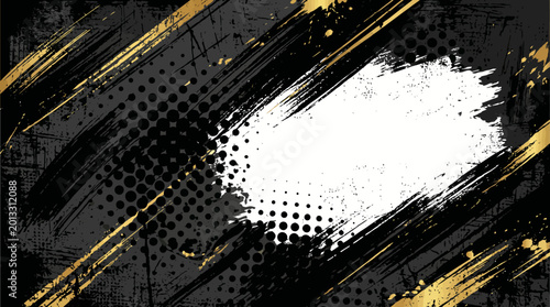 Konstfotografi Abstract black and gold grunge brush stroke halftone background.