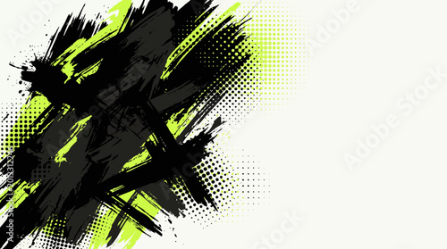 Abstract green and black grunge splatter design with halftone texture.