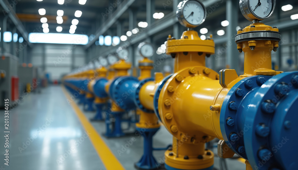 Obraz premium Industrial pipeline assembly with gauges in a factory. Yellow and blue pipes connect with pressure sensors. System is ready for production or maintenance. Energy sector infrastructure.