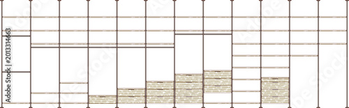 Tableau sur toile Technical architectural elevation of a large bookshelf with grid framework and stacked books on lower shelves in minimalist line art style
