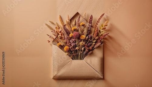 Top view of dried autumn wildflowers and wheat stalks emerging from a kraft paper envelope on a beige background.