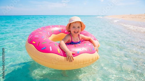 Smiling toddler in donut float enjoys a sunny day at the beach, symbolizing carefree childhood and summer leisure.