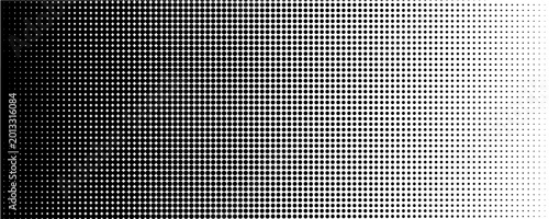 Dotted halftone gradient texture. Fading polka dot background. Repeated dots gradation pattern. Black vanishing comic pop art overlay backdrop. Halftone raster effect wallpaper. Vector Ilustration