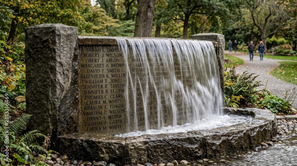 Obraz premium Memorial stone fountain flowing with water in park setting