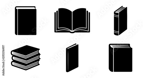 Book Icons Set: Open, Closed, Stacked, and Standing Volumes, Vector Graphics