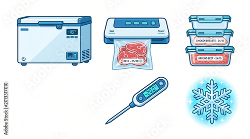 Food preservation tools and equipment for home and professional use, including freezer, vacuum sealer, containers, thermometer, and snowflake icon