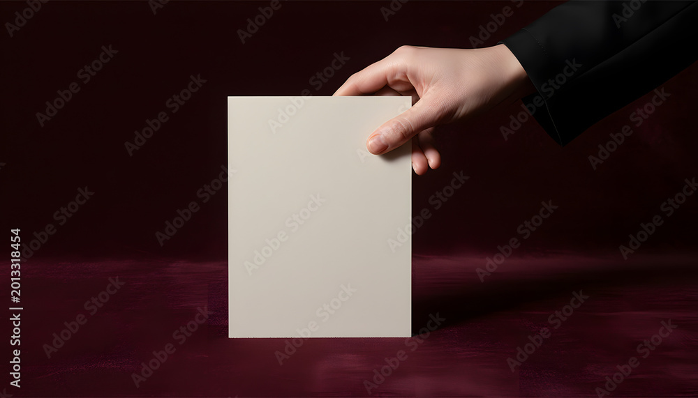 Fototapeta premium Hand Holding Blank White Card Against Dark Background