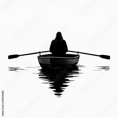 Silhouette of a Man Rowing a Small Boat on Calm Water