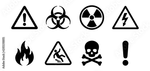 Foto Hazard Symbols Set: Danger, Biohazard, Radiation, Electricity, Fire, Slip