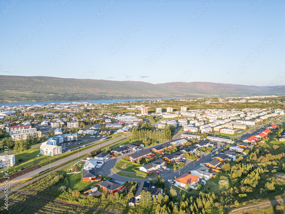 Fototapeta premium Aerial view of town of Akureyri in Iceland