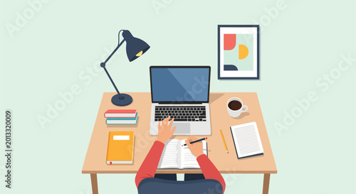Minimalist workspace vector illustration featuring a clean desk with an open laptop, desk lamp, notebook, and stationery items in a bright, organized home office environment.
